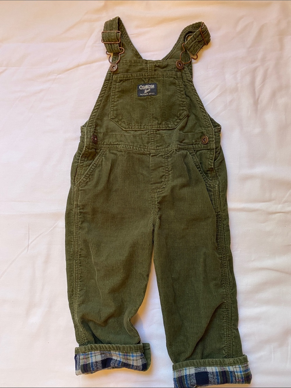 OshKosh B'gosh Olive Corduroy Overalls with Plaid Cuff